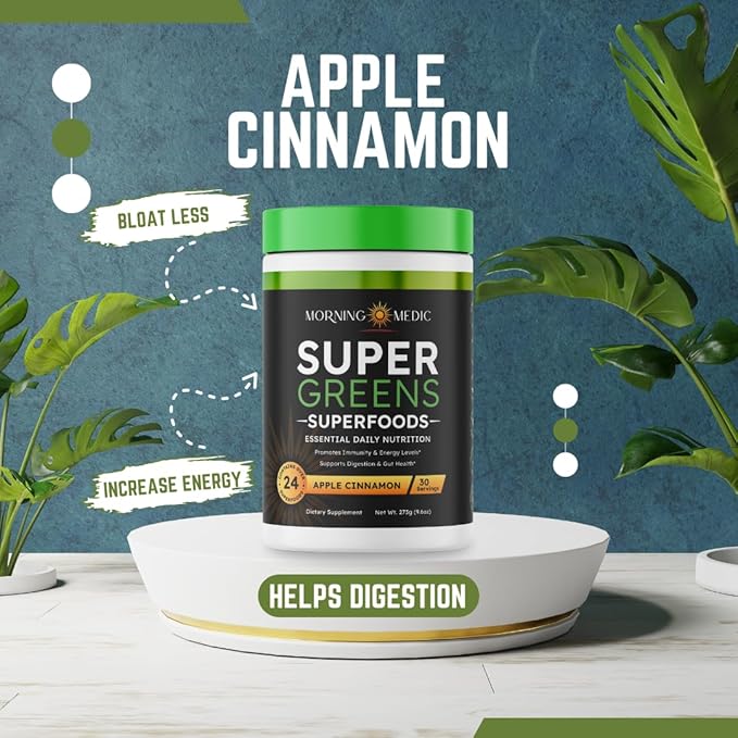 Super Greens Powder with 24+ Superfoods, Premium Nutrient-Dense Blend, Promotes Immunity & Energry Levels, Supports Disgestion & Gut Health, Apple Cinnamon Flavor, 9.6 oz