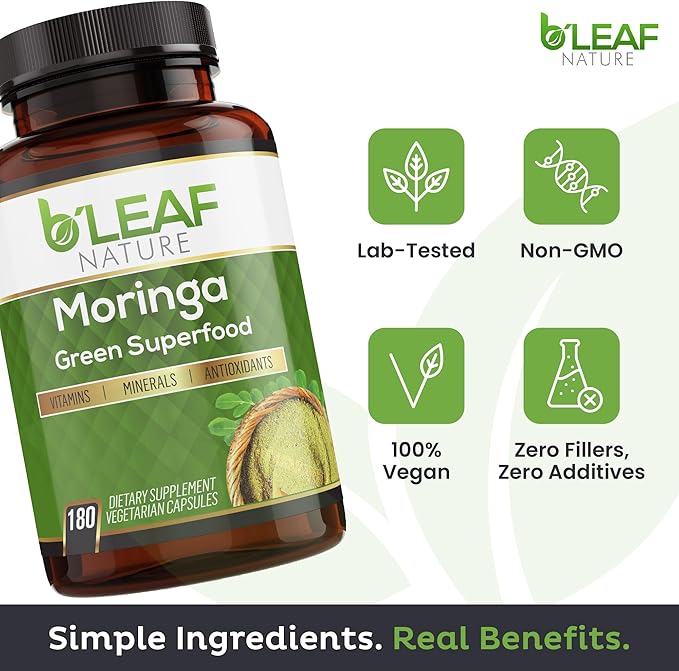 B'LEAF NATURE Organic Moringa Pure Capsules 1000mg, 180 Count – Moringa Capsules with Organic Olefeira Powder for Immune Support, Energy & Balance – Vegan, Non-GMO Supplements for Daily Wellness