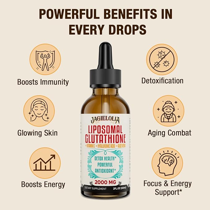 Liposomal Glutathione Liquid 2000MG – Antioxidant Detox Supplement for Women & Men, Aging Defense, Liver Function & Energy, with Hyaluronic Acid + Aloe Vera + Vitamin C, Natural & Vegan, 2 FL.OZ