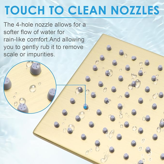 6 Inch Square Shower Head Stainless Steel High Pressure Rain Shower Heads with Extension Arm Adjustable Angle Replacement Luxury Shower Head for Modern Bathroom (Square, Brushed Gold)