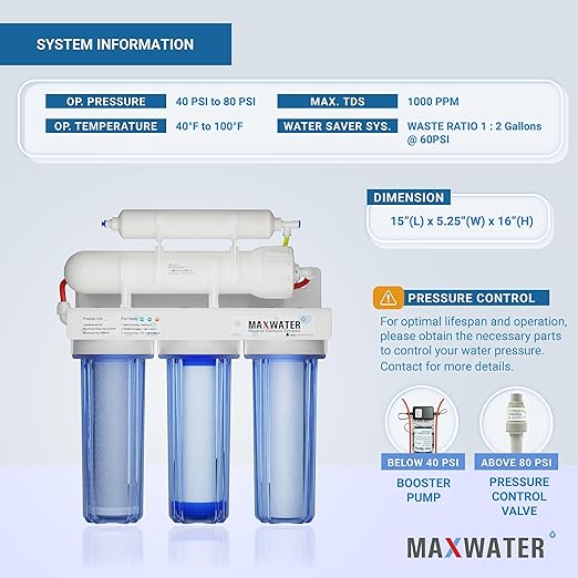 Max Water 5 Stage 100 GPD (Gallon Per Day) RO (Reverse Osmosis) Standard Water Filtration System - Under-Sink/Wall Mount (Clear, with Tank & Faucet-B) - Model: RO-5C6