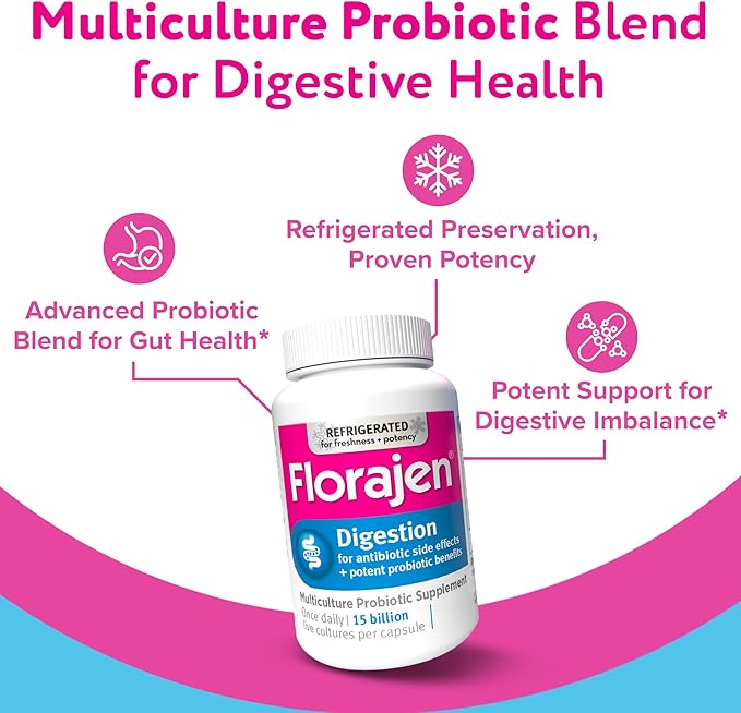 Florajen Digestion Probiotic - Gut Health Supplement for Bloating, Constipation, & Digestive Relief - 15 Billion Live Cultures - Multi-Strain Formula - Refrigerated for Freshness - 90-Count