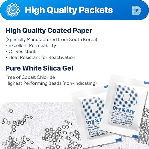 [80 Packets] 5 Gram "Dry & Dry" Premium Pure & Safe Silica Gel Packets Desiccant Dehumidifiers - Rechargeable Paper(FDA Compliant)