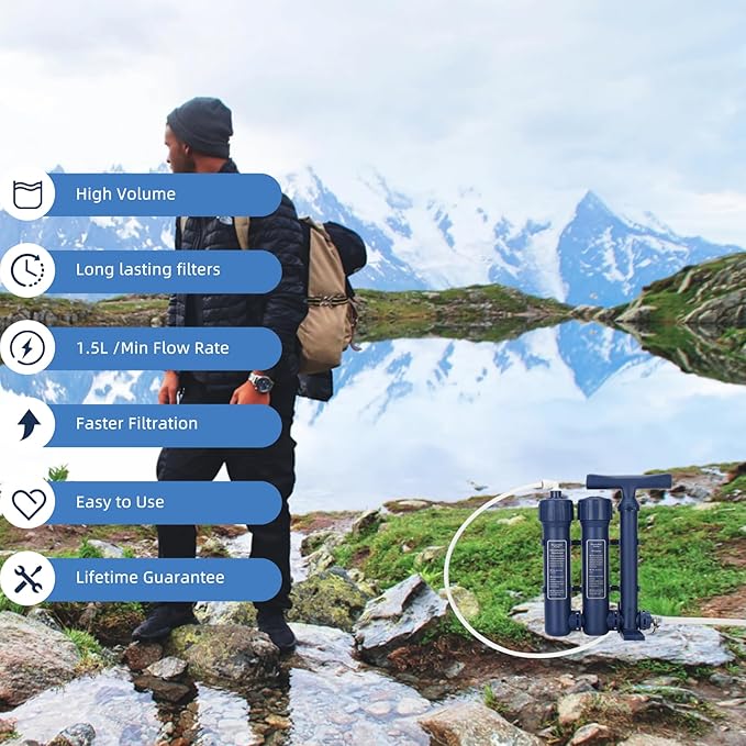 Source Manufacturer Large Water Filtration System Survival - Hand Pump Water Filter, High Volume Water Purifier Camping, Outdoor Portable Group Military Grade