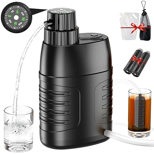 YOTAN Electric Water Purifier Survival, 0.01 Micron 6-Stage Portable Water Filter with Emergency Compass, Water Purification System for Camping, Backpacking, Hiking, Travel, Biking, Fishing, Hunting