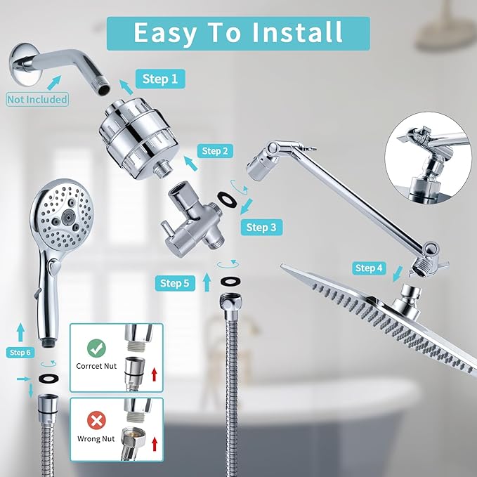 10'' Dual 20 Stage Filtered Shower Head with Handheld, 6 Spray Settings Handheld Shower Head High Pressure Rainfall Filter Combo with 12'' Adjustable Extension Arm, 71'' Shower Hose (Chrome Polished)