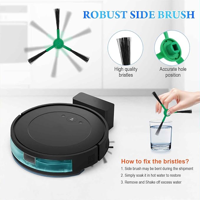 Replacement Parts Compatible for iRobot Roomba 104, 105 Vac/Combo, Y0140, Q0120, Y0110, Q011, Q0520 Robot Vacuum Cleaner, 2 Roller Brush, 4 Filters, 4 Side Brushes, 1 Cleaning Brush