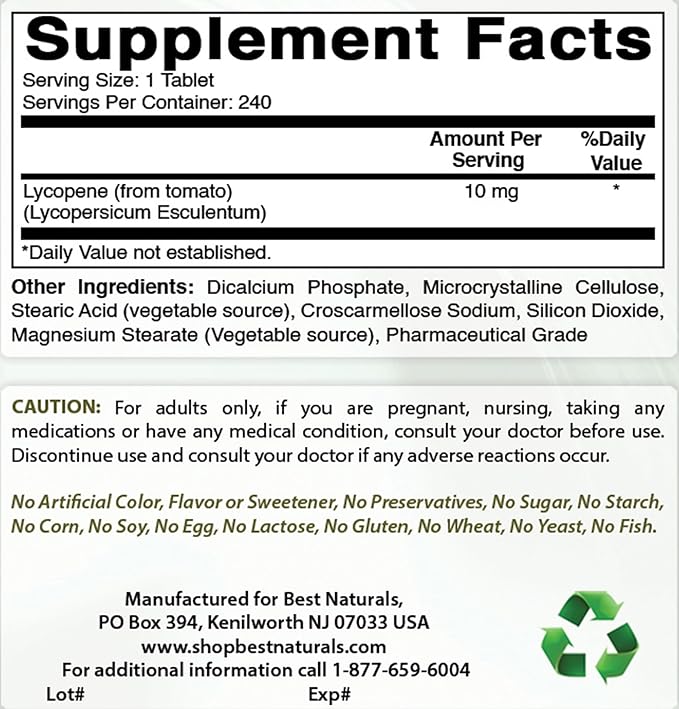 Best Naturals Lycopene Tomato Extract 10 mg 240 Tablets