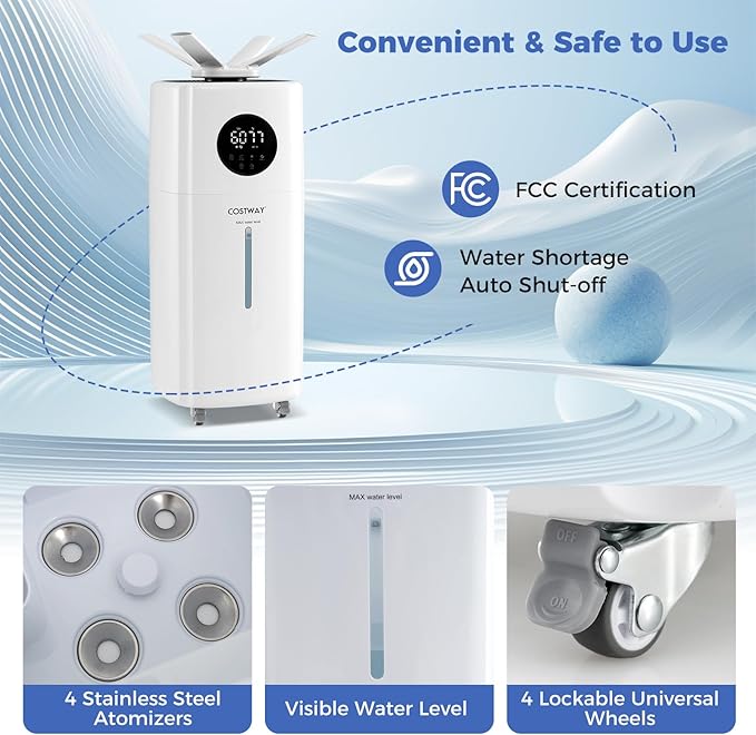 COSTWAY 21L/5Gal Humidifier for Large Room, Top Fill Whole House Humidifier, 3 Mist Levels, Extension Tube, 360° Nozzles & Remote Control for Bedroom, Plants