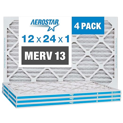 Aerostar 12x24x1 MERV 13 Air Filter, 4 Pack Set of HVAC Furnace Filters, Electrostatic MPR 1500-1900 & FPR 10 (Actual Size: 11 3/4 x 23 3/4 x 3/4 inches)
