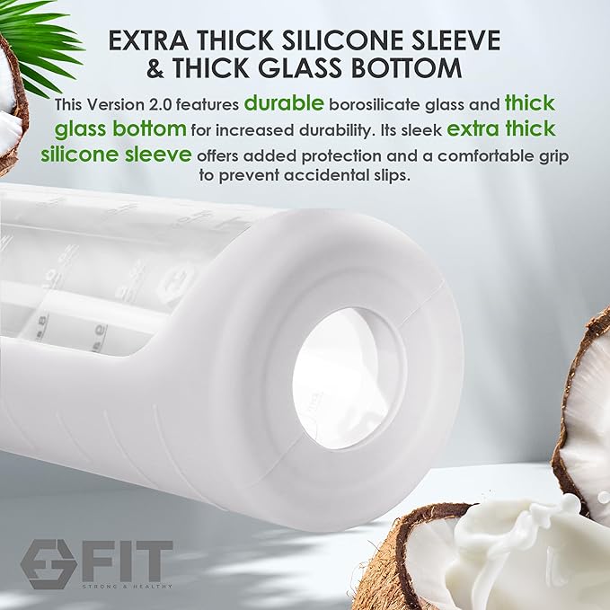 FIT Strong & Healthy 32 oz Glass Water Bottle with Straw Lid, Time Marker, Sleeve & Extra Lid - Motivational, Wide Mouth 1 Liter Glass Drinking Bottle