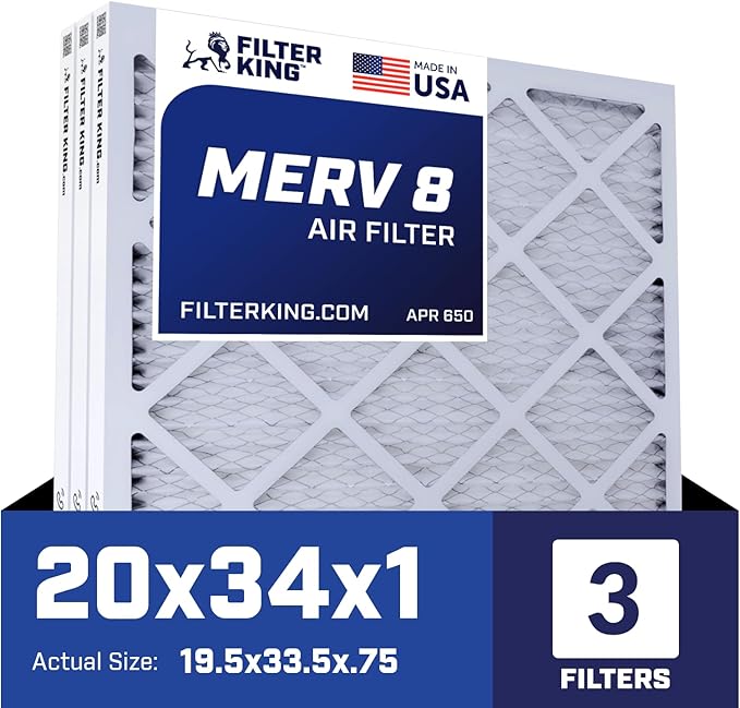 Filter King 20x34x1 Air Filter | 3-PACK | MERV 8 HVAC Pleated A/C Furnace Filters | MADE IN USA | Actual Size: 19.5 x 33.5 x .75"