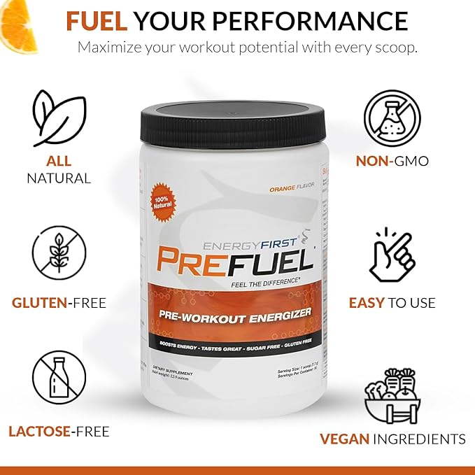 EnergyFirst Prefuel Vegan Pre-Workout Powder, Zero Sugar, All-Natural Energizer with Immune Support Orange Flavor, 30 Servings for Maximum Workout Performance