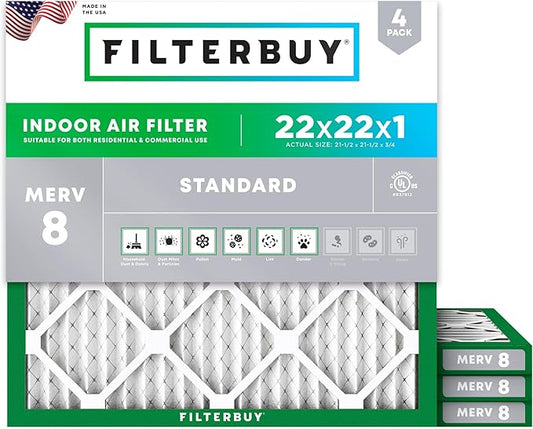 Filterbuy 22x22x1 Air Filter MERV 8 (MPR 700) Dust Defense Replacement (4-Pack), Electrostatic Pleated HVAC AC Furnace Filters, Made in USA (Actual Size: 21.50 x 21.50 x 0.75)
