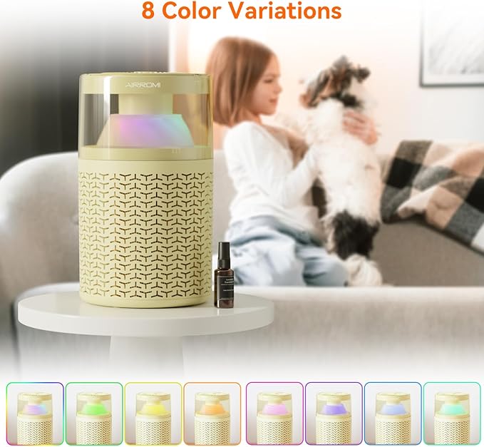 AIRROMI Pet Air Purifier for Home Bedroom Covers 658 Ft²,with Activated Carbon Filter,Aromatherapy,Nightlight, and Quiet 360°Intake Tackles,Filters Smoke,Pet Hair,Dander,Allergies,Odors,A2002 Yellow