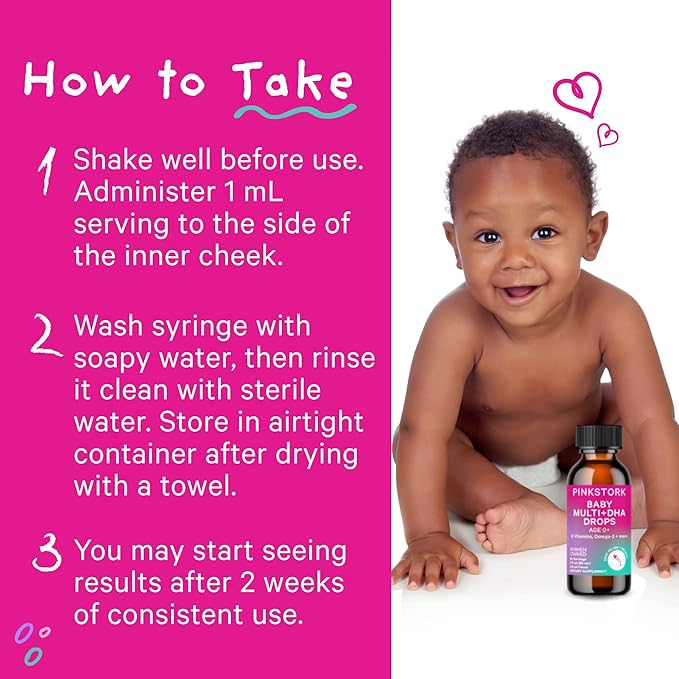 Pink Stork Baby Liquid Multivitamin Drops, Baby & Toddler Vitamin Drops with DHA, Vitamin C, D, B12 and Choline to Support Brain Health and Immune Function - 2 fl oz, 2 Month Supply