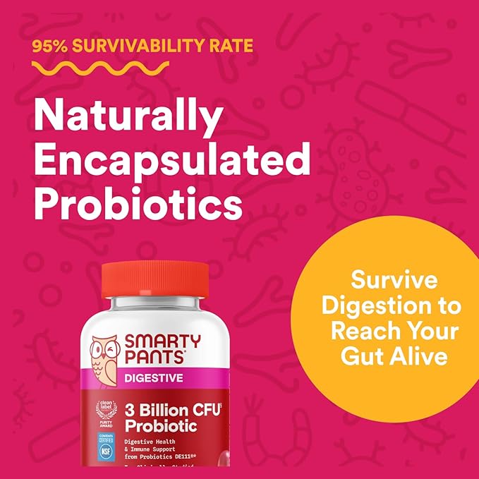 SmartyPants Adult Probiotic Gummies for Digestive Health: 3 Billion CFU, Gut Health and Immune Support Supplement, Clinically Studied Probiotic, Gluten Free, Strawberry, 30 Count (30 Day Supply)