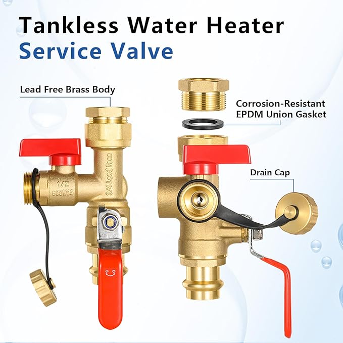 3/4 Inch GUOFIS IPS Tankless Water Heater Valve Kit with Pressure Relief Valve(3/4"FIPx 3/4" Press),2 Set Water Heater Valve Kit