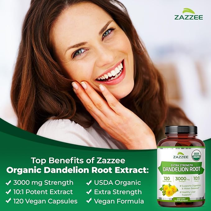 Zazzee USDA Organic Dandelion Root 10:1 Extract, 3000 mg Strength, 120 Capsules, 4 Month Supply, Standardized and Concentrated 10X Extract, 100% Vegetarian, All-Natural and Non-GMO