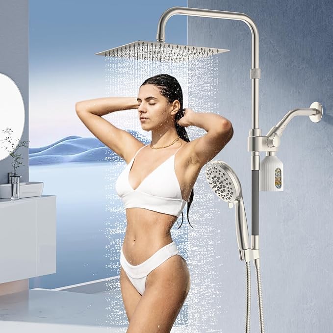 10" Filtered Rain Shower Head with Handheld Spray Combo, High Pressure Shower Head and Handle Set with Filter, Dual Shower Head with Extra Long Hose and Adjustable Arm (Brushed Nickel)