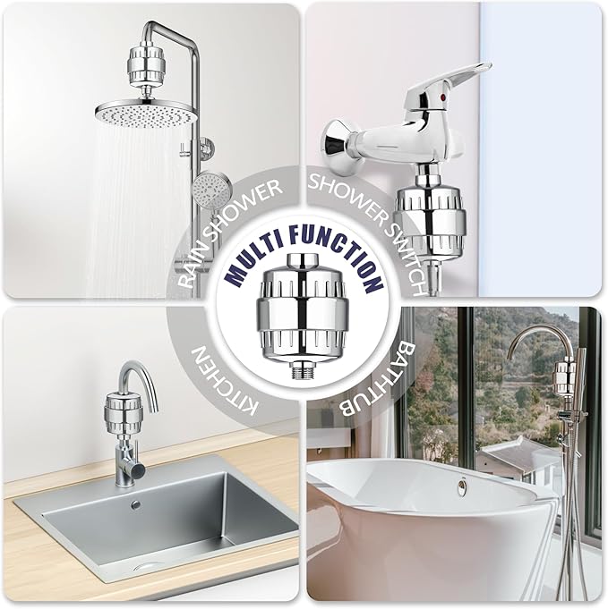 20 Stage Shower Head Filter for Hard Water, Removes Chlorine, Fluoride, Improves Skin and Hair Condition, 4 Cartridges, High Output, Wide Compatibility