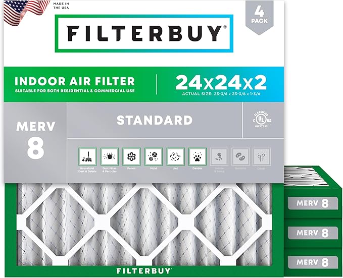 Filterbuy 24x24x2 Air Filter MERV 8 (MPR 700) Dust Defense Replacement (4-Pack), Electrostatic Pleated HVAC AC Furnace Filters, Made in USA (Actual Size: 23.38 x 23.38 x 1.75)