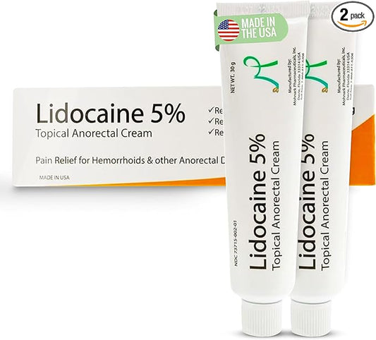 Maximum Strength 5% Lidocaine Hemorrhoid Treatment Cream for External and Internal Hemorrhoids Treatment Burn Itch Pain Relief Topical Anorectal Cream - 30 Gram Tube Made in USA 2PK