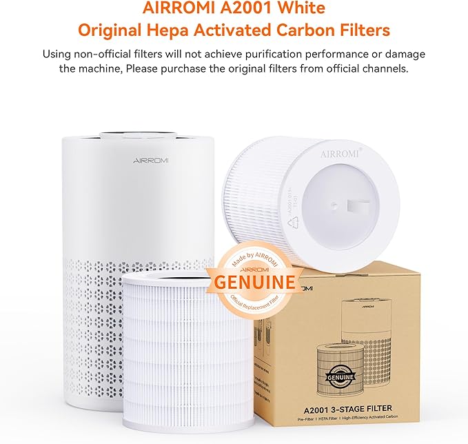 AIRROMI A2001 HEPA Air Purifier Replacement Filter, 3-In-1 Original Filter, Remove 99.97% of 0.3 Micron Particle 2 Pack White Activated Carbon