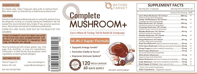 Mushroom Supplement, Mushroom Complex with Lion's Mane, Turkey Tail, Reishi, Cordyceps, Shiitake, 14-in-1 Mushrooms for Memory and Focus, 120 Capsules