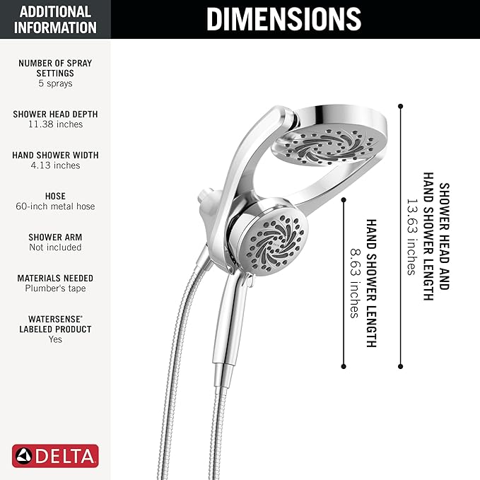 Delta 5-Setting HydroRain 2-in-1 Dual Shower Head with ProClean Spray, Chrome High Pressure Shower Head with Handheld Spray, 1.75 GPM Flow Rate, Chrome 75419