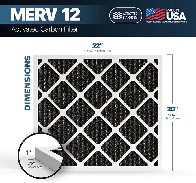 BNX TruFilter 20x22x1 MERV 12 Odor Defense (2-Pack) AC Furnace Air Filter with Activated Carbon - MADE IN USA - Pleated Air Conditioner HVAC AC Furnace Filters - Removes Odor, Mold, Bacteria, Smoke