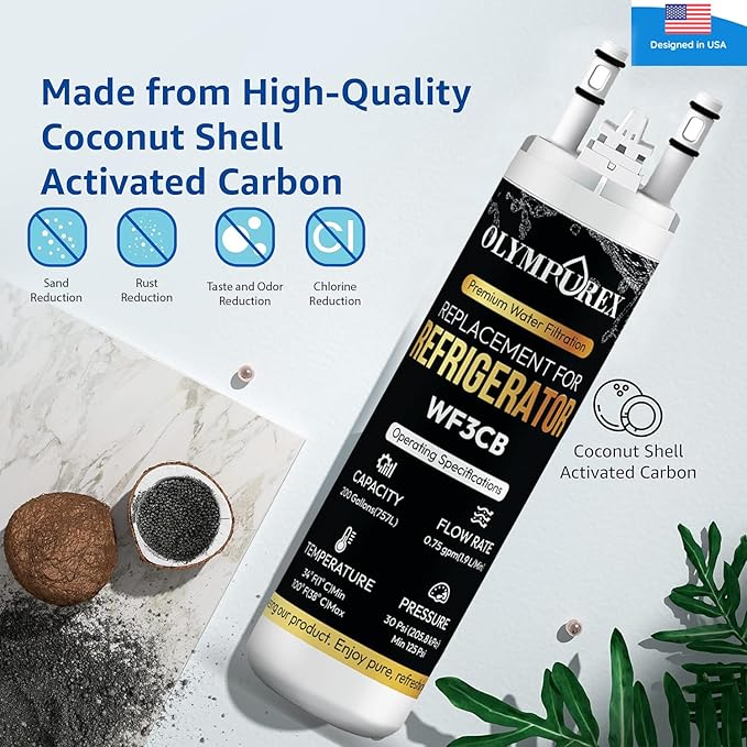 WF3CB Refrigerator Water Filter Replacement, Premium Replacement for WF425, Pure Source 3, 706465, 242069601, 242086201, 242017800, PS3412266, Fridge Water Filter, 9 Inches (Pack 3)