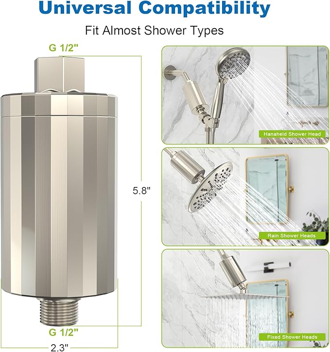 ALL METAL Shower Head Filter – KDF 55 Shower Filter Vitamin C E&A for Hard Water, High Pressure Universal Shower Water Filters to Remove Toxic Chemicals, Chlorine and Heavy Metals,Brushed Nickel