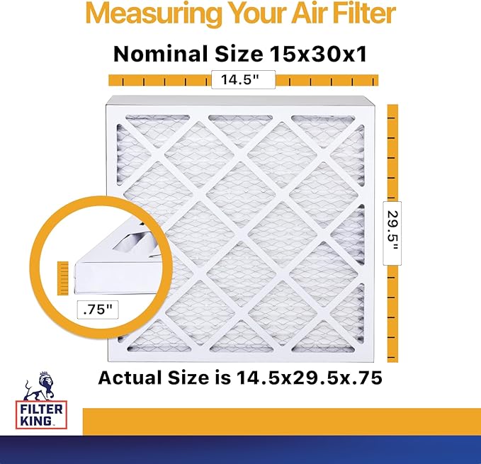 Filter King 15x30x1 Air Filter | 6-PACK | MERV 13 HVAC Pleated A/C Furnace Filters | MADE IN USA | Actual Size: 14.5 x 29.5 x .75"