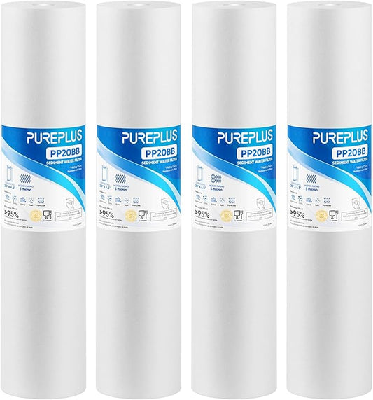 PUREPLUS 5 Micron 20" x 4.5" Whole House Sediment Home Water Filter Replacement Cartridge, Compatible with DGD-5005-20, AP810-2, P5-20BB, FP25B, FPMB5-20, 155358-43, SDC-45-2005, 4 Pack
