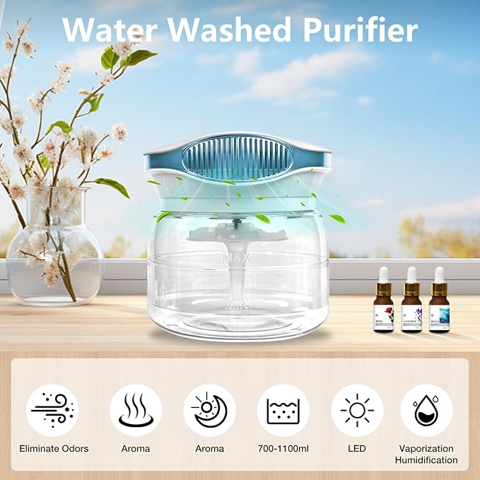 Water Air Purifiers for Home, Air Washer Aroma Diffuser, Air Filter Washer Humidifier, Essential Oils Aroma Fresher With LED Night light for Office, Bedroom，Small Air Cleaner For Smoke and Pets
