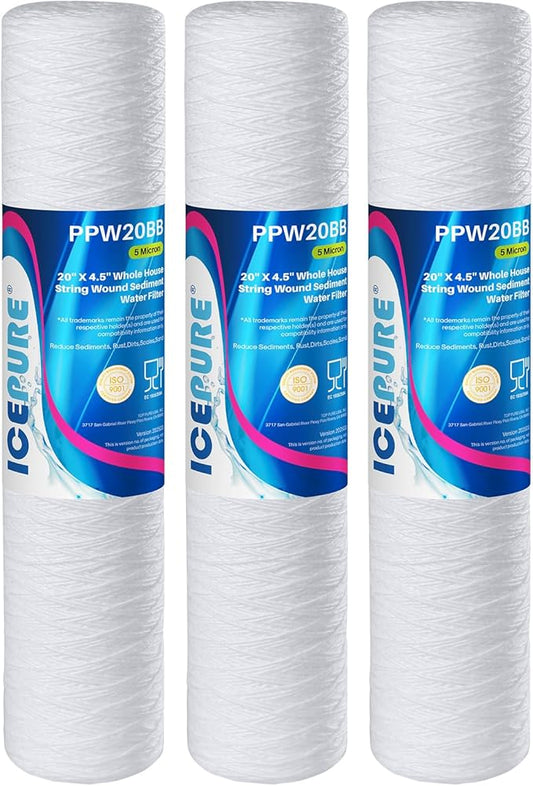 ICEPURE 5 Micron 4.5" x 20" Whole House String Wound Sediment Water Filter Cartridge for Well Water, Replacement for WP5BB20P/WP25BB20P, SDC-45-2005, SP-WP5-20BB, SWC-45-2005, 3PACK