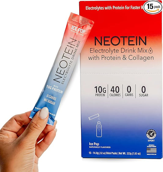 Electrolyte Powder Packets with 10g Protein & Collagen | Hydration Packets - Zero Sugar, NO Fillers, NO Carbs | Ice Pop | 40 Calories | Keto & Paleo | Pack of 15