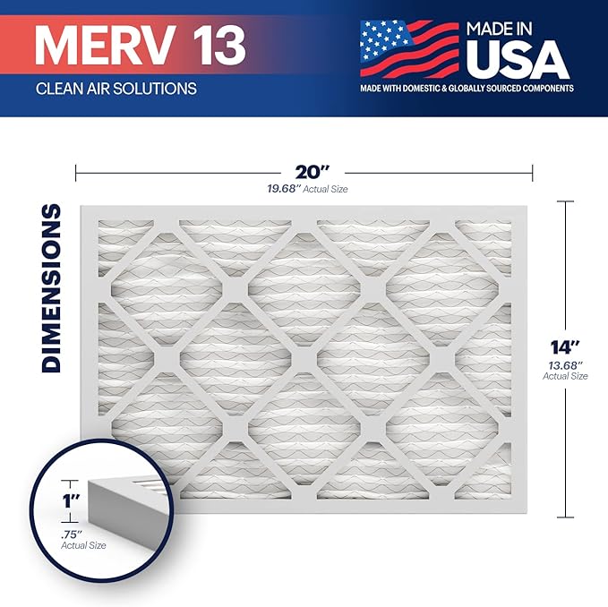 BNX TruFilter 14x20x1 Air Filter MERV 13 (4-Pack) - MADE IN USA - Electrostatic Pleated Air Conditioner HVAC AC Furnace Filters for Allergies, Pollen, Mold, Bacteria, Smoke, Allergen, MPR 1900 FPR 10