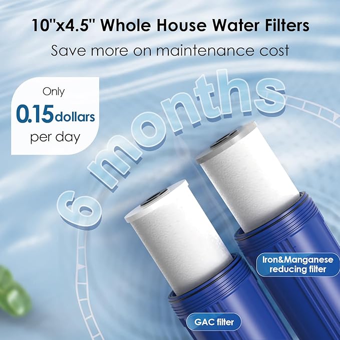 Waterdrop Whole House Water Filter System, Reduce Iron & Manganese, with Carbon and Sediment Filters, 5-Stage Filtration, Reduce Iron, Lead, Chlorine, Odor, 2-Stage WD-WHF21-FG, 1" Inlet/Outlet
