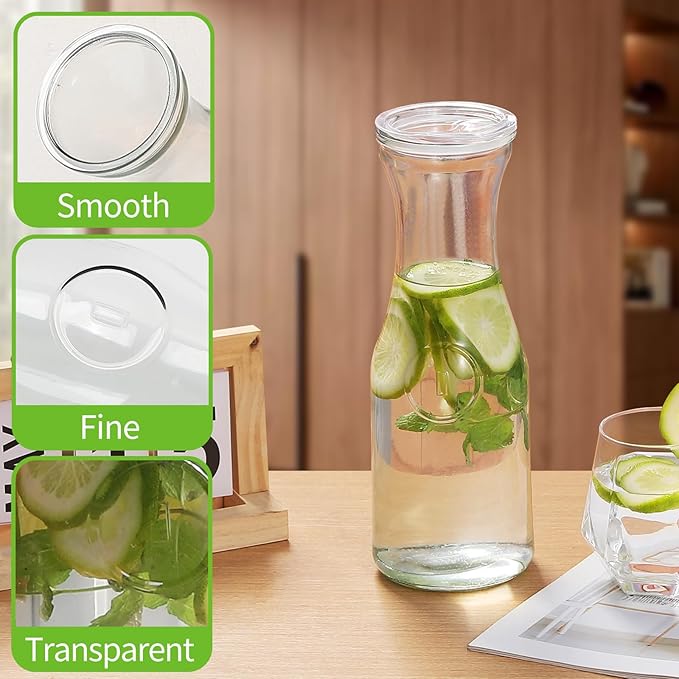 2pcs Glass Carafe with Lid, Premium Clear Water Pitcher Carafe 1 Liter Juice Containers with Lids for Brunch Cold Warm Water Beverage Wine Iced Tea Lemonade, BPA Free Shatter Proof