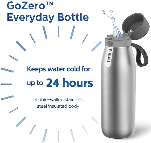 PHILIPS Water Bottle with Filter, Filter Water Bottle Stainless Steel with GoZero Everyday BPA-Free Tap Water Filter, Water Filter Bottle Keep Drink Cold 24 Hours, 1 Filter for 40 gal / 2 Months
