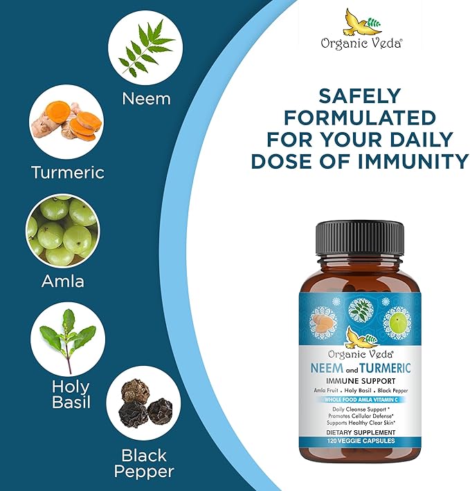 Organic Veda Neem & Turmeric Capsules with Amla Fruit, Tulsi, Holy Basil, Black Pepper Extract - Immune Support Dietary Supplement - Boosts Healthy Clear Skin & Cellular Defense - 120 Vegan Capsules