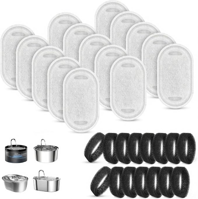 15+15 Pack Pet Water Fountain Filters, Cat Water Fountain Filters Replacement for Dog/Cat Fountain Stainless Steel 108oz/3.2L& 67oz/2L, 7 Months Set to Keep Drinking Fresh