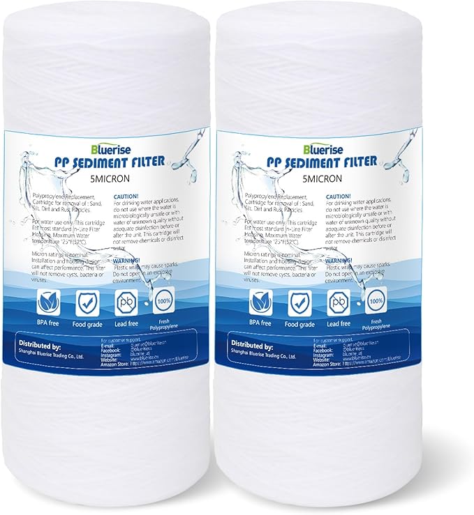 BLUERISE 5 Micron 10" x 4.5" Wire Wound Whole House Water Filter Replacement Cartridge for Sediment, Reverse Osmosis RO Filtration System Cartridge Universal for Well Water（pack of 2）