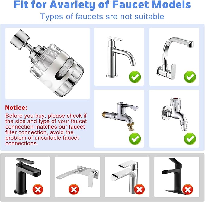 2 Pack Sink Water Filter Faucet, Universal 360 ° Rotating Faucet Filter for Kitchen Sink, 3 Modes Bathroom Faucet Filter Removes Chlorine Fluoride Heavy Metals Hard Water for Home Kitchen & Bathroom