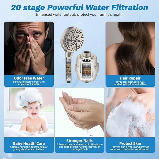 Hibbent Dual Filter All Metal 10"Rainfall Showerhead Combo, High Pressure Filter Shower Head with 10-Spray Mode Handheld, 4-way Diverter with Pause Mode, 71'' Shower Hose and Holder, Brushed Nickel