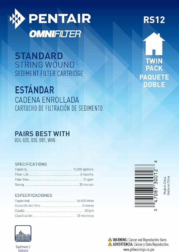 Pentair OMNIFilter RS12 Sediment Water Filter, 10-Inch, Standard Whole House String Wound Sediment Replacement Filter Cartridge, 10" x 2.5", 20 Micron, Pack of 2