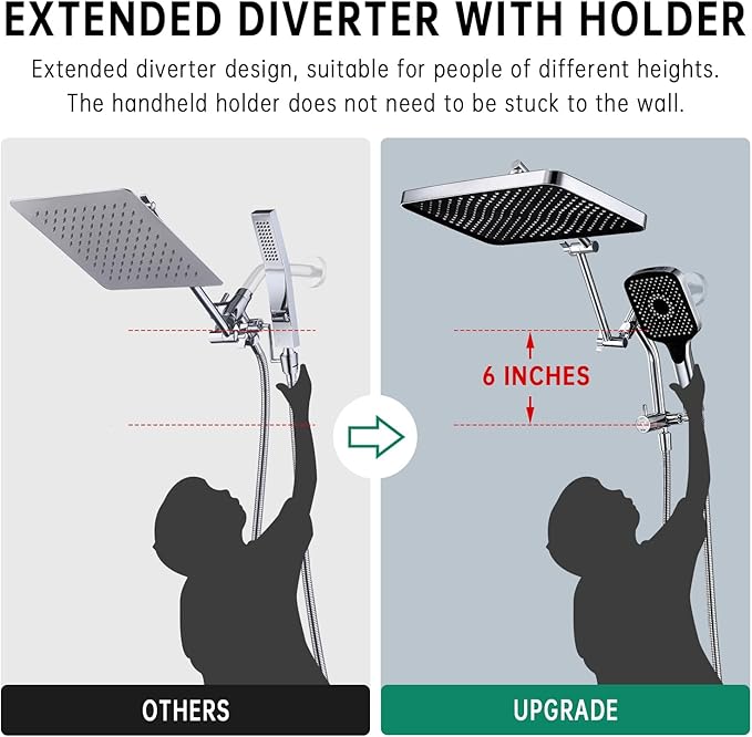 13-Inch Shower Heads with Multi-Function Handheld Sprayer Combo, 3-Way Metal Extended Diverter with Holder and Metal Adjustable Shower Extension Arm, Extra Long Hose(Chrome)