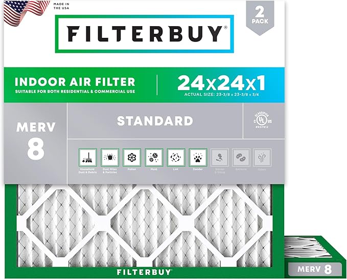 Filterbuy 24x24x1 Air Filter MERV 8 (MPR 700) Dust Defense Replacement (2-Pack), Electrostatic Pleated HVAC AC Furnace Filters, Made in USA (Actual Size: 23.38 x 23.38 x 0.75)